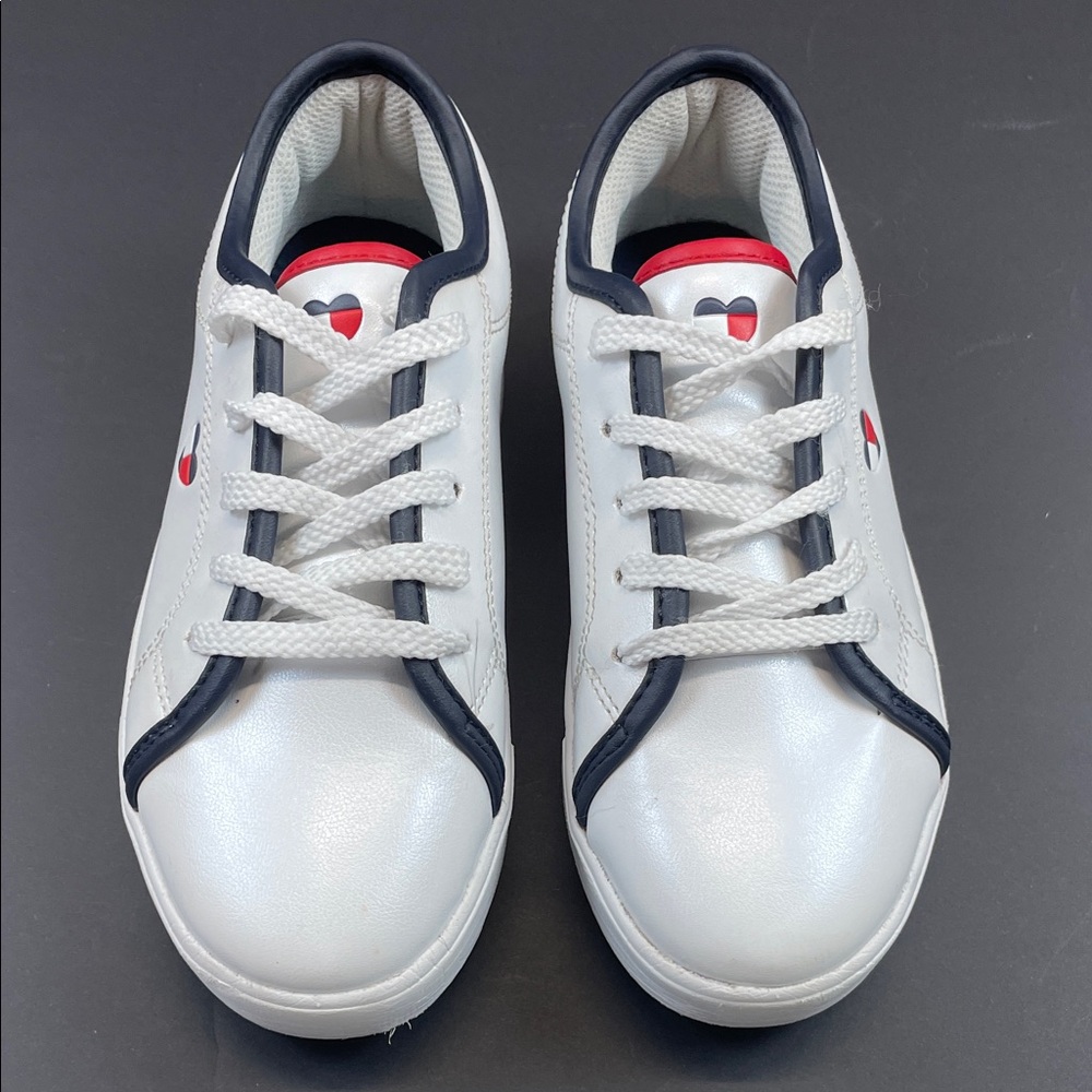Tommy Hilfiger White Faux Leather Sneakers Youth Size 1 Navy Red Trim